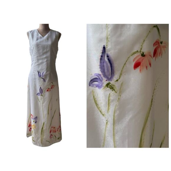 American Vintage Dresses & Skirts - Vintage Pacino Avanti Hand Painted Floral Satin Midi Dress Cottage | EU 38/US 6